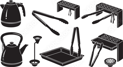 Black and white kitchen utensils and gadgets illustration set
