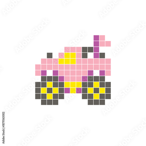 A flat pixel design made of geometric square color blocks on a clean icon layout. Pixel art monster truck