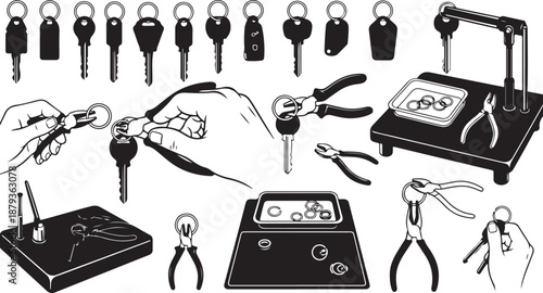 Locksmith tools and equipment for key making and repair