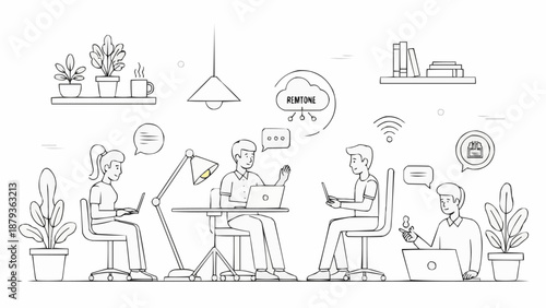 Diverse group of people collaborating in a modern office space using laptops and technology.