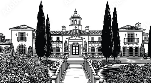 Luxury Mediterranean villa mansion with classic architecture, elegant garden and bridge, black and white illustration, estate exterior design, European style residential property