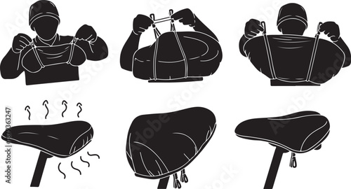Bicycle seat cover installation and comfort features illustration set