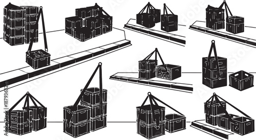 Industrial cargo containers being lifted and transported on conveyor