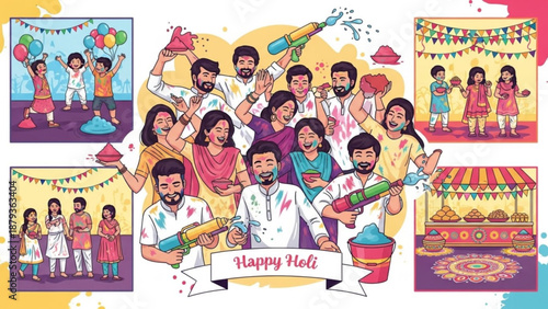 Happy Holi festival celebration with colorful powder and water guns diverse group of people enjoying vector illustration for greeting cards and invitations