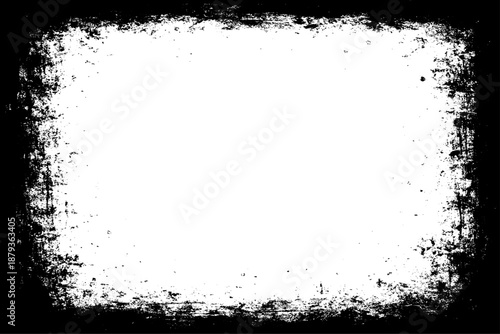 grunge texture frame with rough, distressed black edges surrounding a large blank white center. The border appears worn, splattered, and scratched, resembling ink smudges, paint erosion, and vintage.