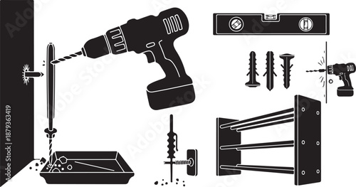 Drilling and assembling with tools and hardware components diagram