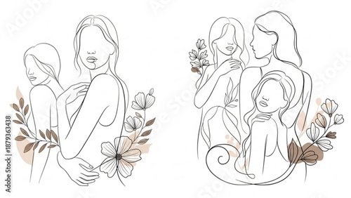 Minimalist line art illustration of women and flowers abstract female figures in embrace perfect for beauty wellness and feminine branding
