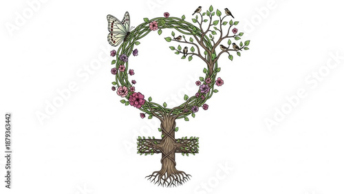 Female symbol transformed into a tree with flowers birds and butterfly representing nature growth and womanhood isolated on white