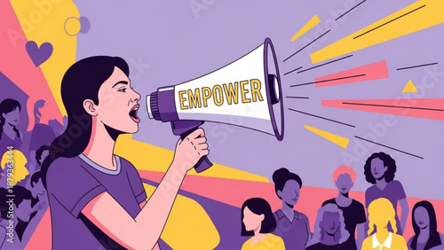 Woman with megaphone shouting EMPOWER to a diverse crowd symbolizing activism and social justice flat vector illustration for campaigns and awareness