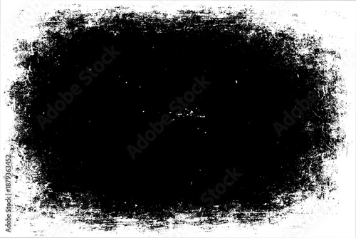 grunge texture frame with rough, distressed black edges surrounding a large blank white center. The border appears worn, splattered, and scratched, resembling ink smudges, paint erosion, and vintage.