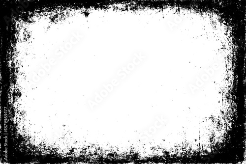 grunge texture frame with rough, distressed black edges surrounding a large blank white center. The border appears worn, splattered, and scratched, resembling ink smudges, paint erosion, and vintage.