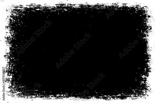 grunge texture frame with rough, distressed black edges surrounding a large blank white center. The border appears worn, splattered, and scratched, resembling ink smudges, paint erosion, and vintage.