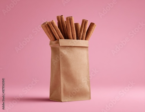 Cinnamon sticks in brown paper bag on pink background