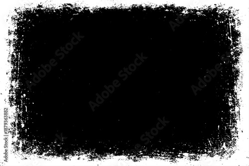 grunge texture frame with rough, distressed black edges surrounding a large blank white center. The border appears worn, splattered, and scratched, resembling ink smudges, paint erosion, and vintage.