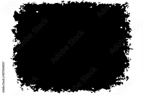 grunge texture frame with rough, distressed black edges surrounding a large blank white center. The border appears worn, splattered, and scratched, resembling ink smudges, paint erosion, and vintage.