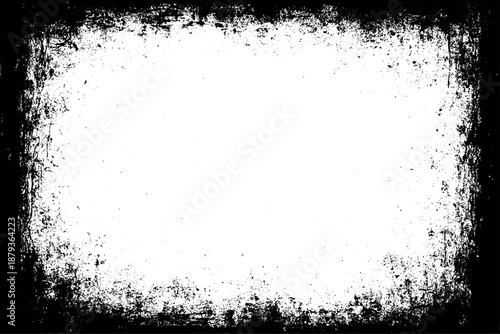 grunge texture frame with rough, distressed black edges surrounding a large blank white center. The border appears worn, splattered, and scratched, resembling ink smudges, paint erosion, and vintage.