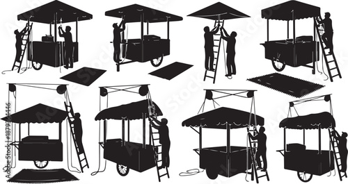 Silhouette of food cart with people and ladder illustrations