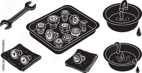 Black and white illustration of oil change tools equipment