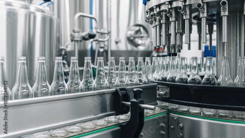 Automatic beverage bottling line with empty glass bottles moving on conveyor belt in modern industrial plant, stainless steel machinery preparing for drink filling process