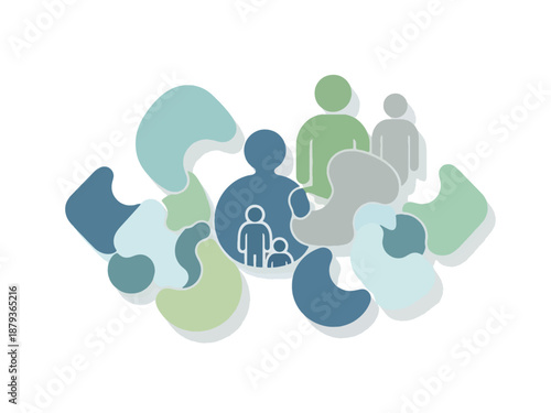 Abstract illustration depicting various stylized human figures and families integrated into a mosaic of organic, interconnected shapes in cool tones.