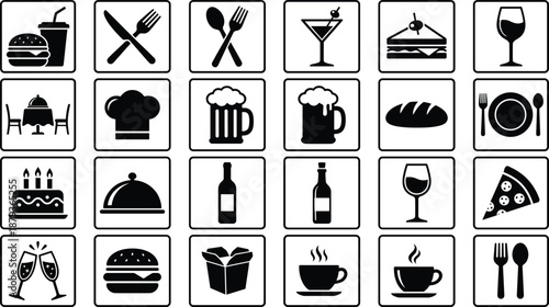 Food and drink line icons set restaurant dining beverages desserts cooking bakery alcohol cafe menu flat vector illustration collection