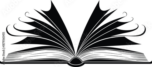 Open book silhouette illustration with creative flowing pages, black and white educational concept design, storytelling, knowledge, literature, publishing symbol for learning and imagination themes
