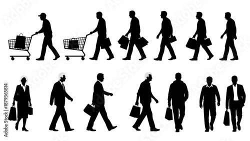 Silhouettes of people walking, some with shopping bags and carts, representing various activities and styles.