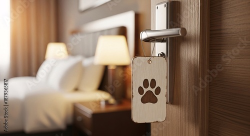 Cozy hotel room door with paw print key tag hanging on the door handle in a warm inviting bedroom setting perfect for pet friendly travel and accommodation