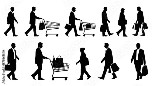 Silhouettes of people walking with shopping carts and bags, representing commerce and consumerism.