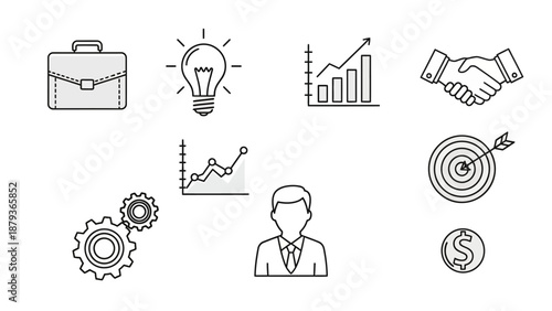A collection of business-related icons including a briefcase, lightbulb, graphs, handshake, gears, target, and a person.