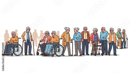 A diverse group of elderly people, some using mobility aids like wheelchairs and walkers, standing together in a line.