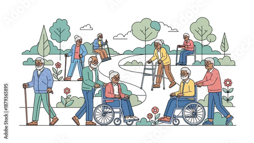 Elderly people enjoying a walk in a park with trees, flowers, and walking aids.