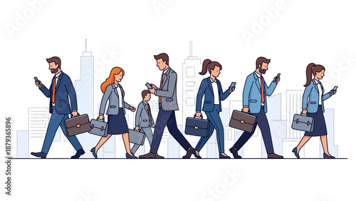 A diverse group of business professionals and a child walk in a city, all engrossed in their smartphones.