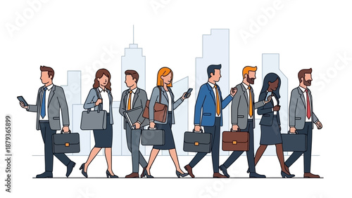 A diverse group of business professionals in suits walking in a city with briefcases and phones.