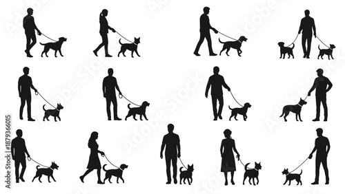 Collection of Silhouettes of People Walking Dogs on Leashes in Various Poses and Styles.