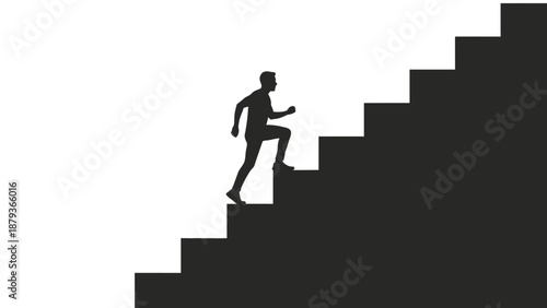 Silhouette of a person running up a dark staircase against a white background, symbolizing progress and ambition.