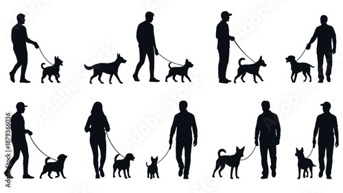 Silhouettes of people walking dogs on leashes in various poses and sizes.