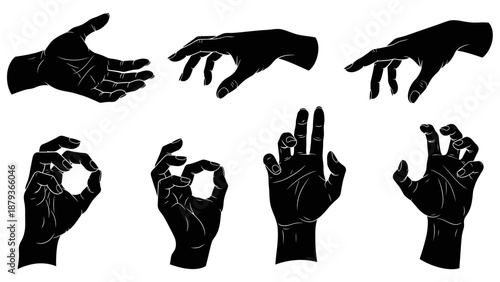 Collection of black silhouette hand gestures against a white background, showcasing various poses and finger formations.