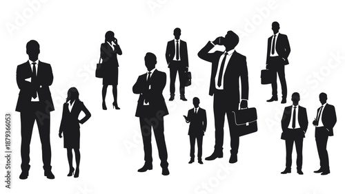 Silhouettes of business people in suits standing in various poses against a white background.
