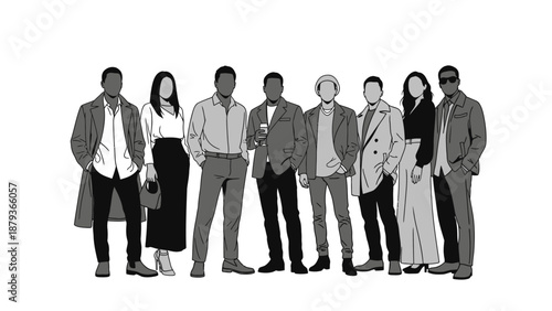 A diverse group of stylish individuals, both men and women, posing together in fashionable attire.