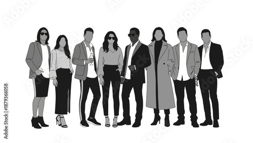 A diverse group of nine stylishly dressed individuals posing together in a studio setting.