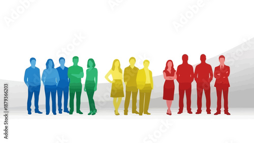 A diverse group of people represented by colorful silhouettes, standing together in a line.