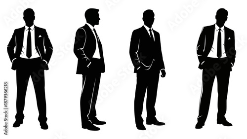 Four black silhouettes of men in suits standing in different poses against a white background.