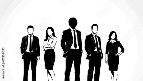 A diverse group of five professionals in silhouette, standing confidently in a line against a white background.