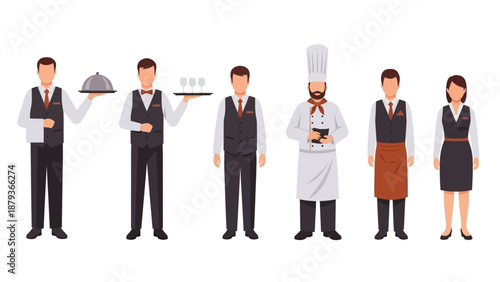A diverse group of hospitality professionals including waiters, chefs, and waitresses in uniform, ready to serve.