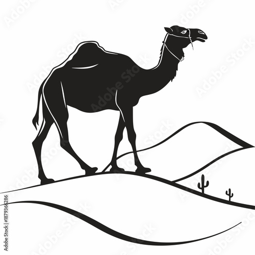 Silhouette of a camel in a desert landscape