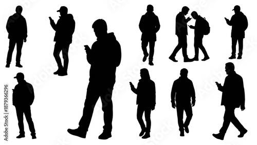 Collection of diverse silhouettes of people interacting with their mobile phones in various poses and settings.