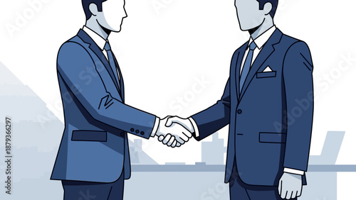 Two businessmen in suits shaking hands in a modern office setting, symbolizing agreement and partnership.