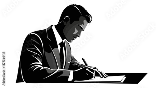 A focused businessman in a suit diligently signs a document at a desk.