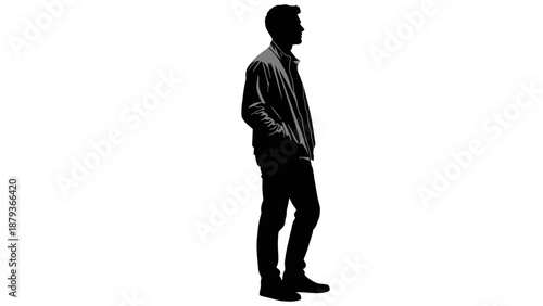 Silhouette of a man standing with his hands in his pockets, viewed from the side against a white background.